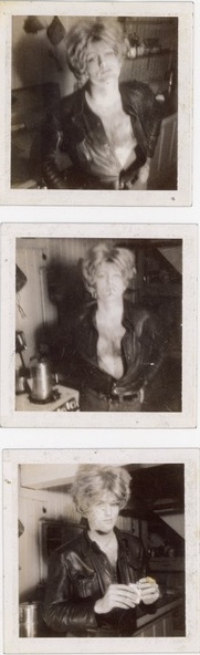 Three Polaroid photos of a figure in a blonde wig and leather jacket
